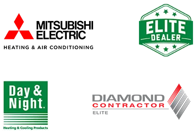 Mitsubishi Electric, Elite Dealer, Day and Night Heating and cooling, and Diamond Contractor logos - Peter Levi