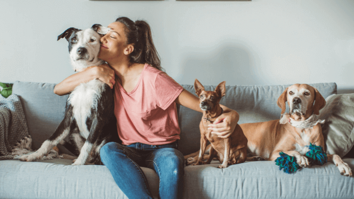 Women with pets sitting on couch comfortably