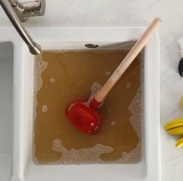 white sink clogged with dirty water with a plunger resting in it