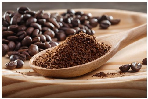 wooden spoon holding fresh coffee grounds
